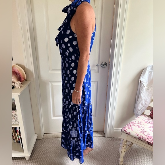 RIXO Eleanor Lame Blue and Silver Polka Dot Sleeveless Dress - Picture 5 of 7